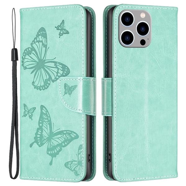 iPhone 14 Pro Plånboksfodral Butterflies Imprinted - Turkos Turkos