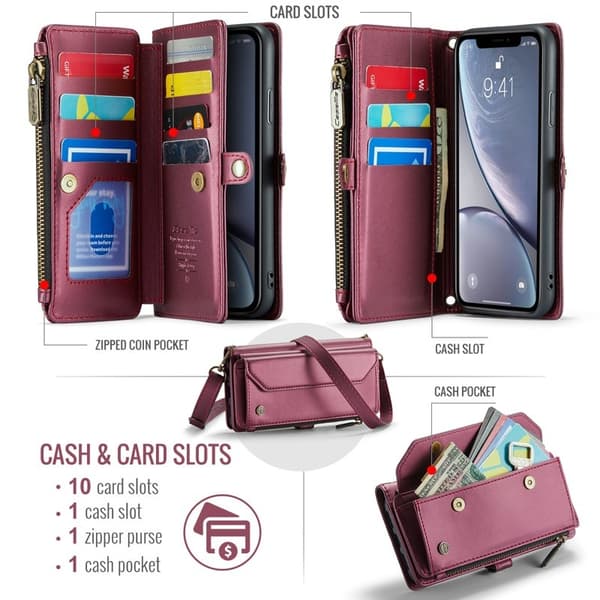 CASEME Plånboksfodral Konstläder för iPhone XR med kortfack - Vinröd