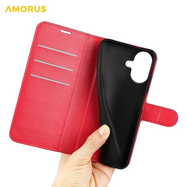 AMORUS iPhone 17 Konstläder Plånboksfodral Flipstativ Litchi - Röd Röd