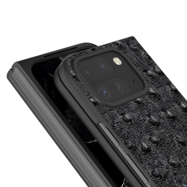 ABEEL Mobilskal till Google Pixel 9 Pro Fold 5G Äkta Läder Ostrich Svart