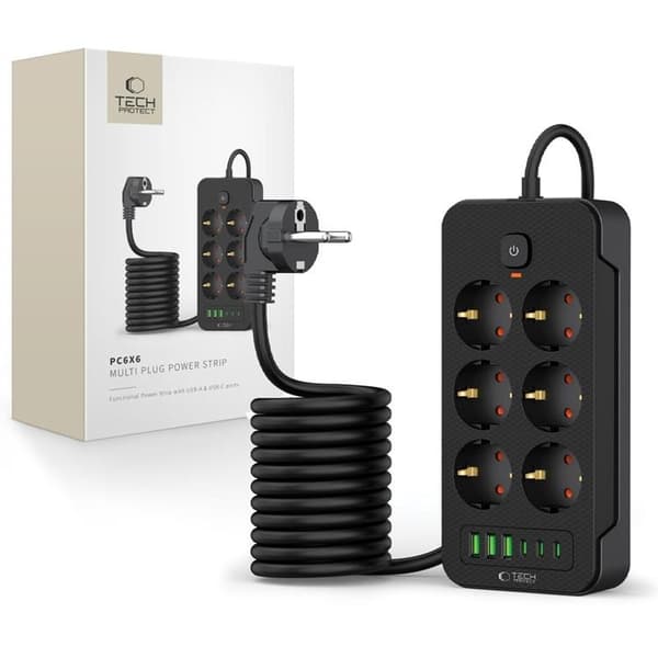 Tech-Protect Strømfordelingsstik 3x USB/3x USB-C/6 Stik 200 cm - Sort Svart
