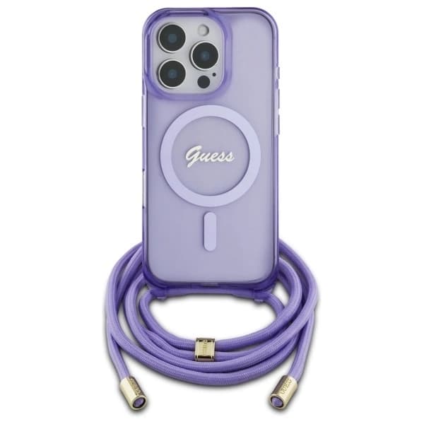 Guess Telefontaske til iPhone 16 Pro Max MagSafe Crossbody Cord Script - Lilla Lila