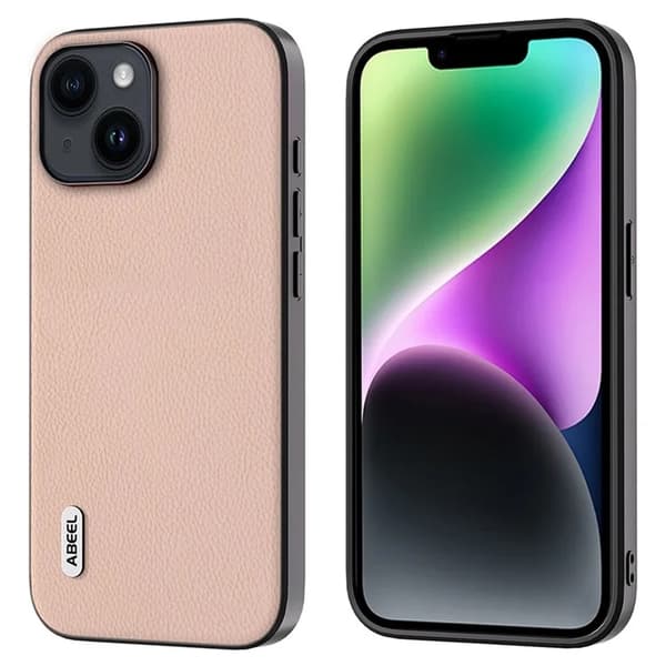 ABEEL Mobilskal till iPhone 14 Äkta Läder Litchi - Rosa Rosa