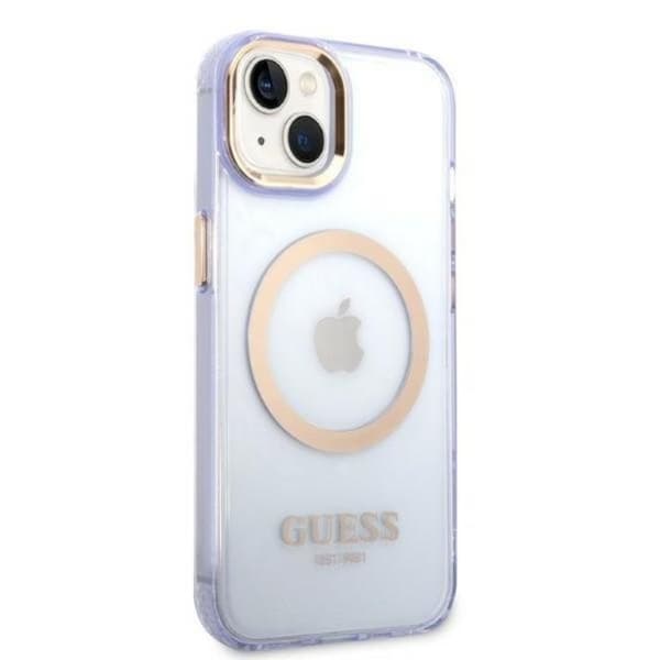 GUESS iPhone 14 Skal MagSafe Guld Outline Translucent - Lilla Lila