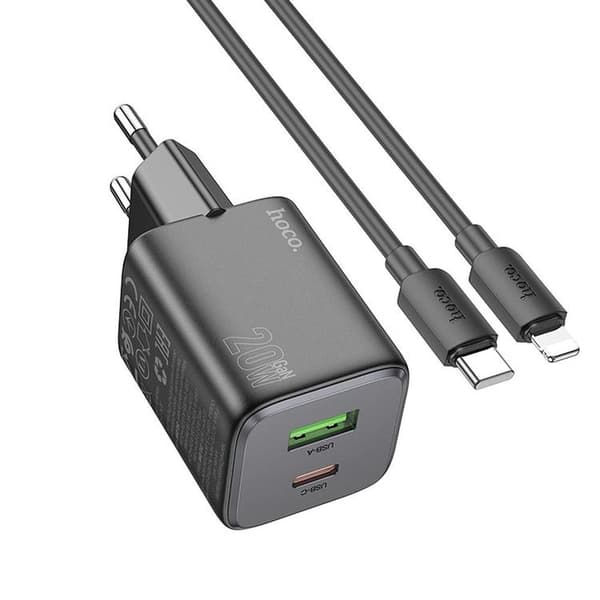 Hoco Väggladdare 1xUSB-C 1xUSB-A 20W + Lightning Kabel N41 - Svart Black
