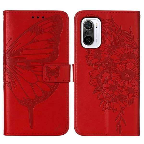 Butterfly Flower Imprinted Wallet Case Xiaomi 12 Pro - Rød