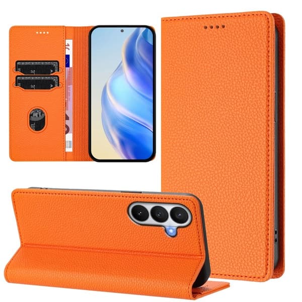 Litchi Samsung Galaxy S26 / S26 Pro Plånboksfodral Konstläder RFID Skydd Orange