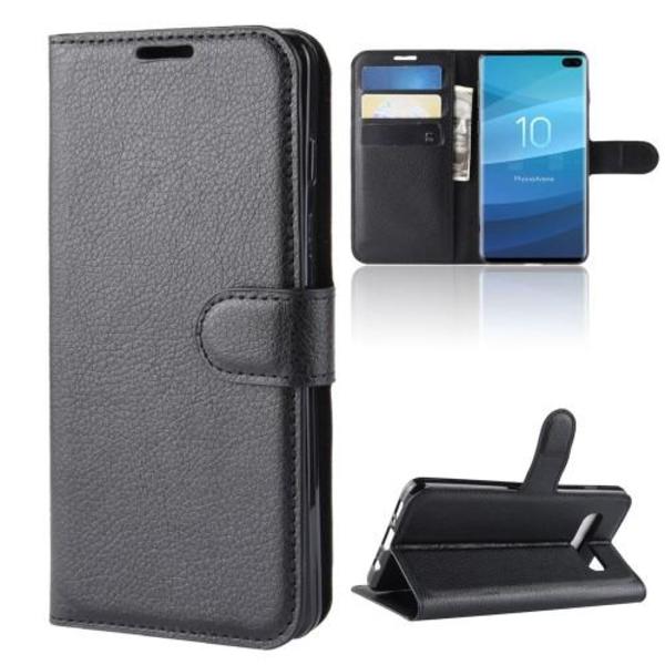 Litchi Skin Wallet Cover til Samsung Galaxy S10 Plus - Sort Black