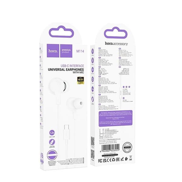 HOCO Kablede Hovedtelefoner USB-C Kabel 1.2m Mikrofon M114 Hvid