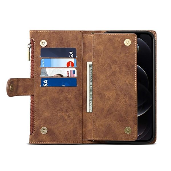 iPhone 14 Pro Max Plånboksfodral Flap Zipper Strap - Brun Brun