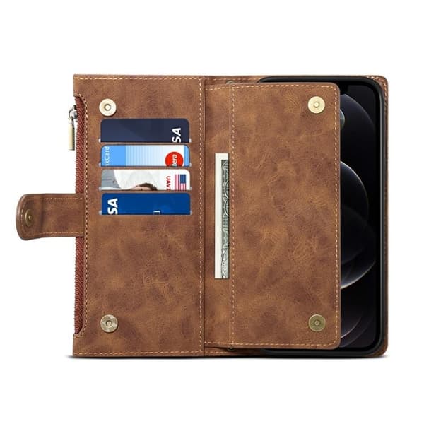 iPhone 14 Pro Max Pungeetui Flap Zipper Strap - Brun Brun
