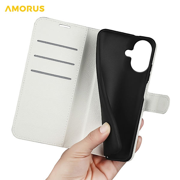 AMORUS iPhone 17 Konstläder Plånboksfodral Flipstativ Litchi - Vit Vit