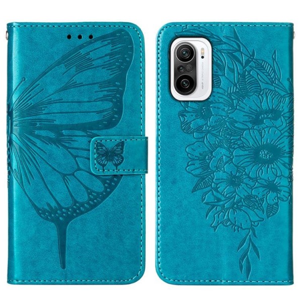 Butterfly Flower -painettu lompakkokotelo Xiaomi 12 Pro - sininen