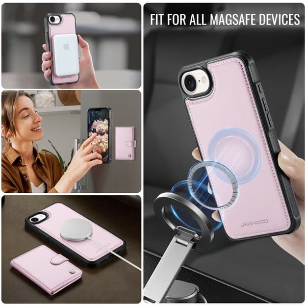 JEEHOOD J09 Mobilskal till iPhone 16e RFID Skydd Läder MagSafe - Rosa