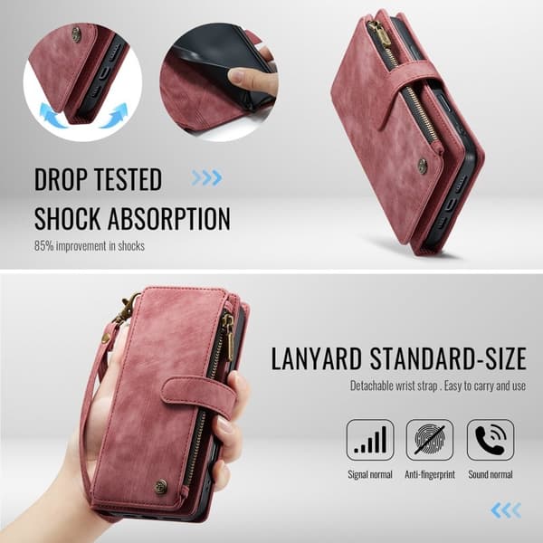 CASEME C30 Plånboksfodral till iPhone 16 Plus med rem, röd Konstläder