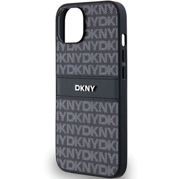 DKNY iPhone 15/14 Plus Mobilskal Läder Mono Stripe & Metal Logo Svart