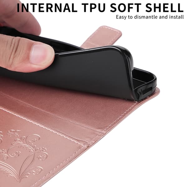 OnePlus 15 Konstläder Plånboksfodral Floral Butterfly Imprinted Roséguld