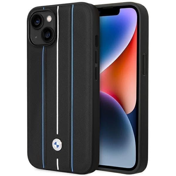 BMW Mobilskal till iPhone 14 Läder Stamp Blue Lines - Svart Black