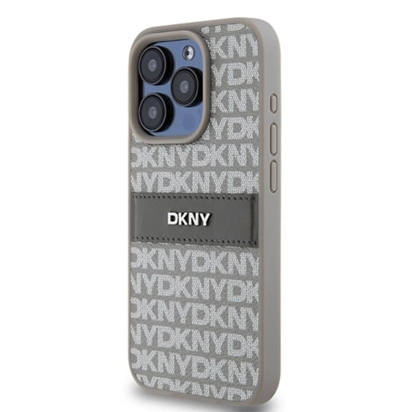 DKNY iPhone 14 Pro Max Mobilskal Läder Mono Stripe & Metal Logo Beige