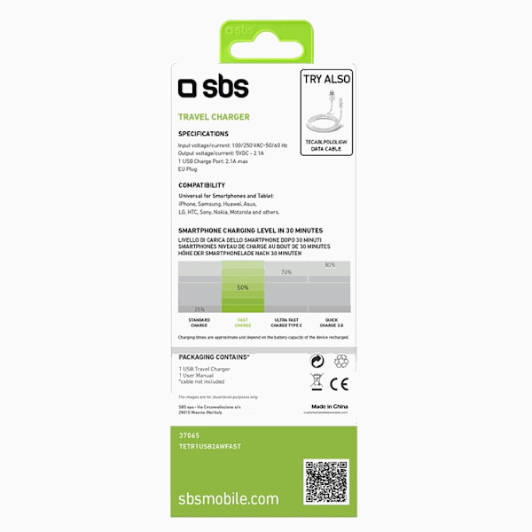 SBS Väggladdare 10W USB-A - Vit
