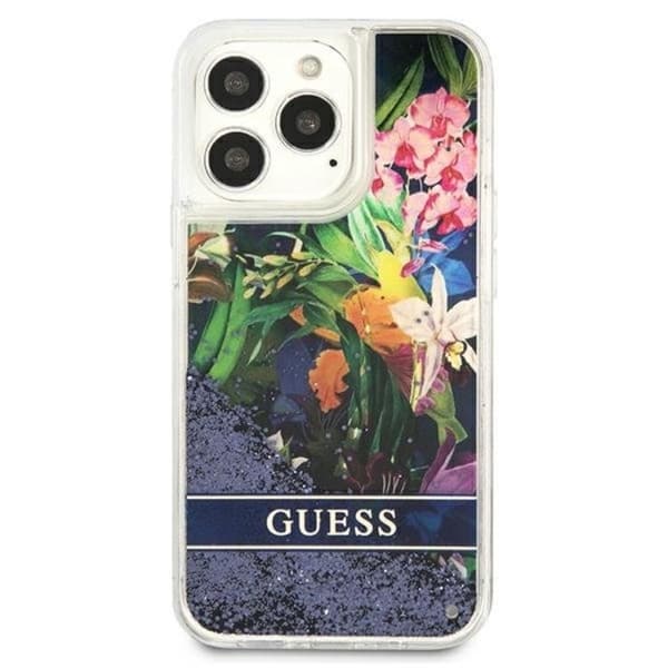 Guess iPhone 13 Pro Skal Flower Liquid Glitter - Sininen Blå