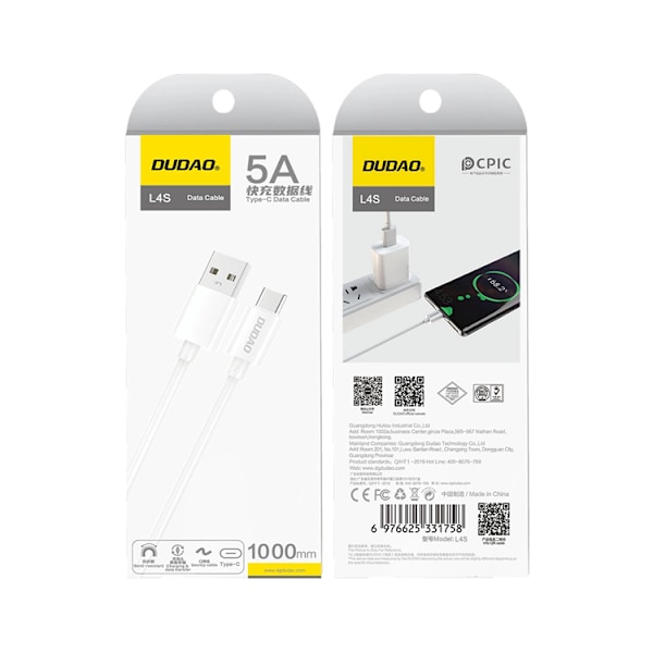 Dudao USB-C till USB-A kabel 5A 1m L4ST - Vit Vit