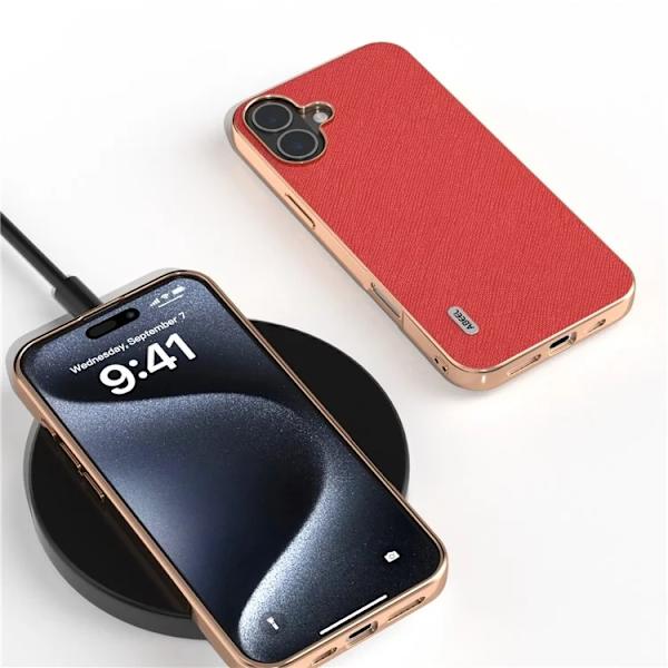 ABEEL Mobilskal till iPhone 16 Plus Äkta Läder Electroplating Röd