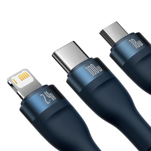 Baseus 3i1 Hurtigopladningskabel Lightning, USB-C, microUSB 100W Blå