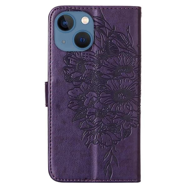 iPhone 14 Plus Plånboksfodral Butterfly Flower Imprinted - Lila