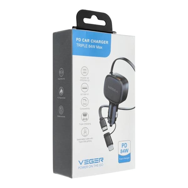 VEGER Biloplader 84W USB-C med Lightning/USB-C Kabel CC89 - Sort Svart