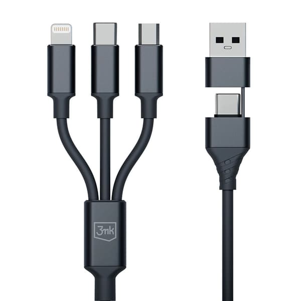 3mk 3in1 USB-A till USB-C Lightning microUSB kabel 1.5m Black