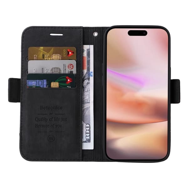 BETOPNICE 001 iPhone 16 Plus Plånboksfodral Ställ Card Slots Konstläder - Svart