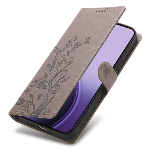 Samsung Galaxy S26 Plånboksfodral Fjäril Blommönster Konstläder - Grå