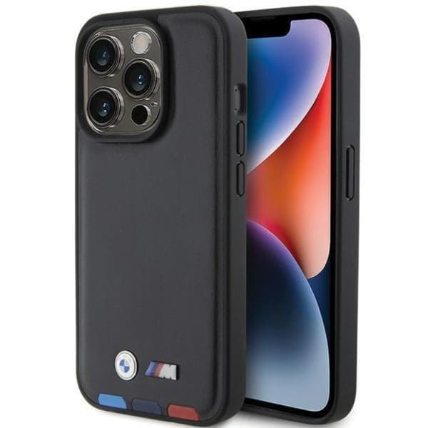 BMW iPhone 15 Pro Mobilskal Läder Stamp Tricolor - Sort Black