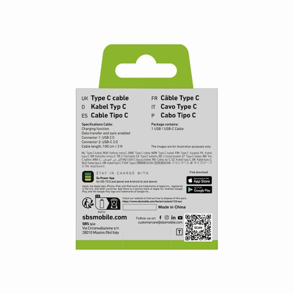 SBS USB-A - USB-C Kabel 1m - Svart Svart