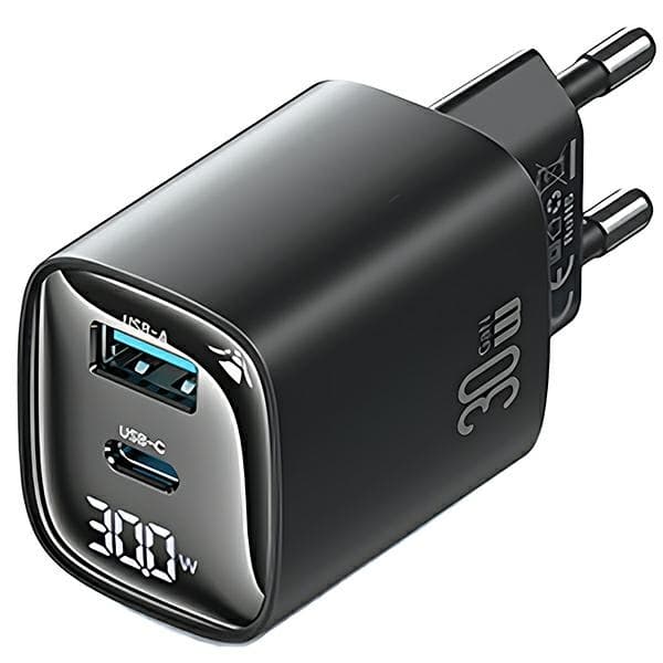 USAMS vægoplader CC229 30W GaN USB-C/USB-A XC-serie CC229TC01 - Sort
