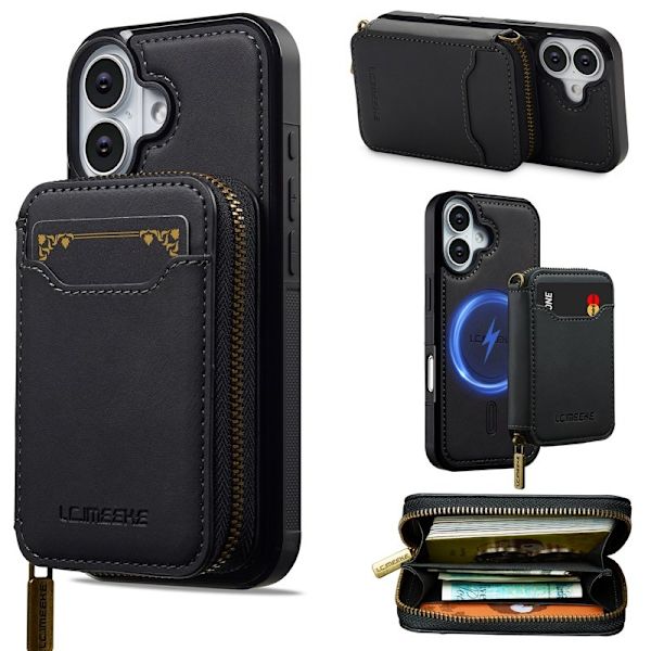 LC.IMEEKE L6 iPhone 16 Plus Plånboksfodral Konstläder - Svart