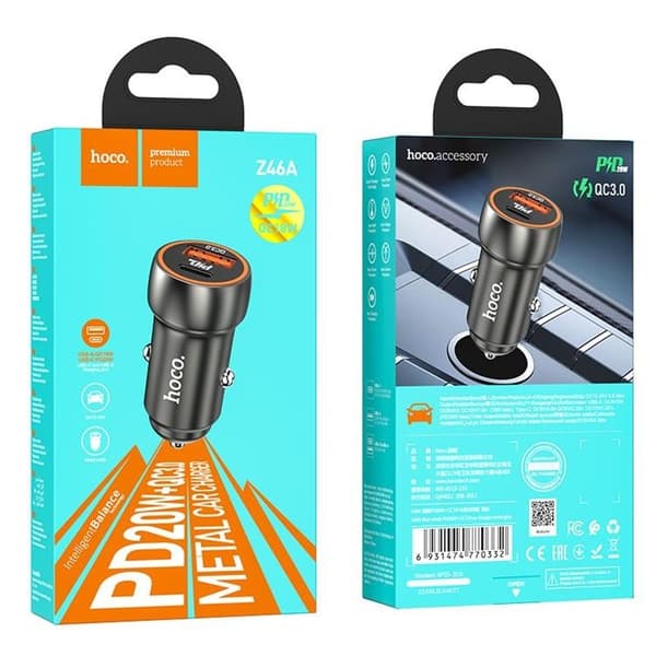 HOCO Billaddare USB-A - USB-C 20W PD QC 3A Z46A - Metal Grå Grå
