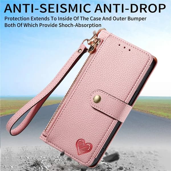 iPhone 17 Pro Max Konstläder Plånboksfodral RFID-Skydd Zipper med rem - Rosa Rosa