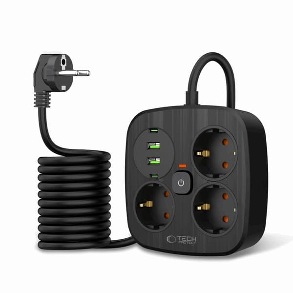 Tech-Protect strømfordelingsenhed PCS3X4 2 USB & 2 Type-C & 3-stik 2m Svart