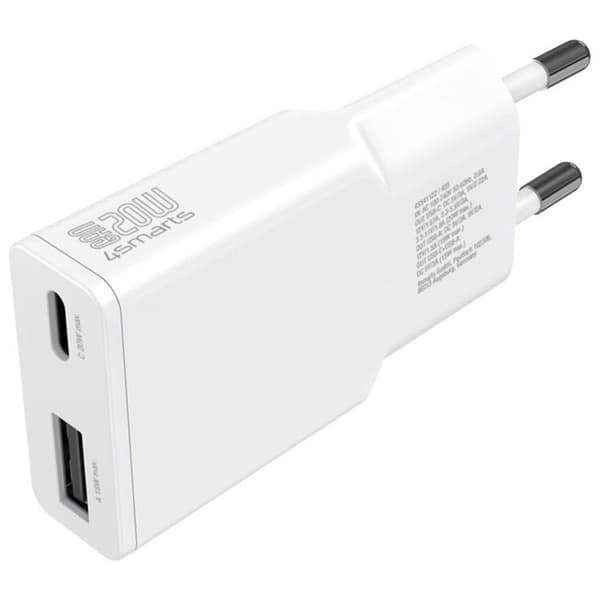 4smarts Snabbladdare 20W 1xUSB-C 1xUSB-A GaN med Kabel - Vit Vit
