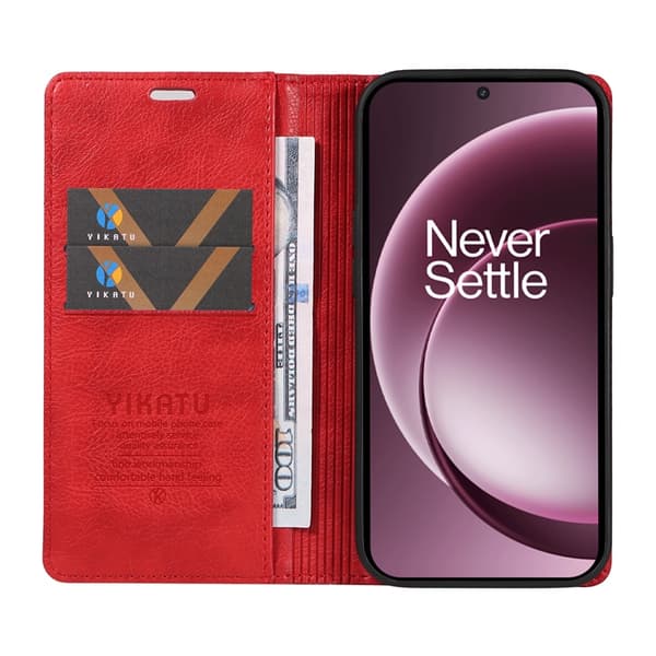 YIKATU OnePlus 15 Plånboksfodral Litchi Closure Konstläder Röd