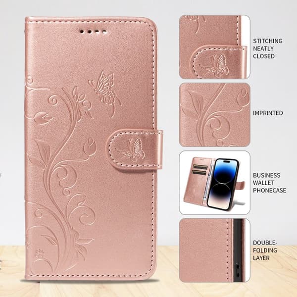 Plånboksfodral för Samsung Galaxy S26 Plus Konstläder Blommönster - Roséguld