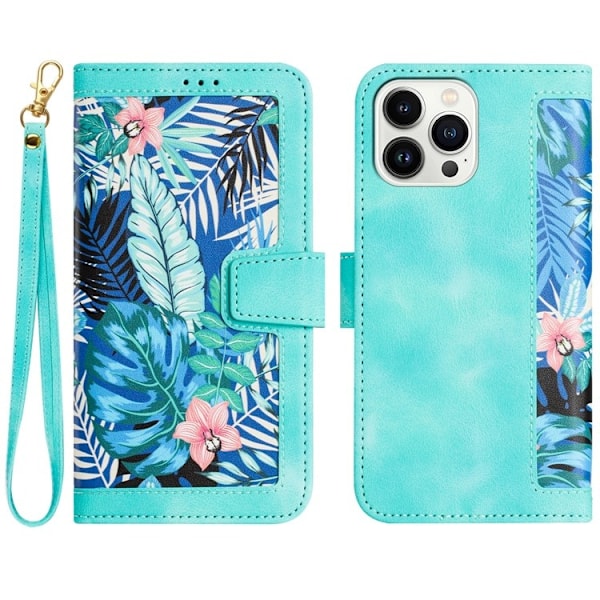 iPhone 15 Pro Plånboksfodral Flower Pattern - Grön