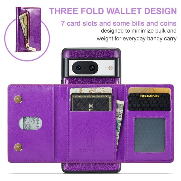 DG.MING M3 Series Konstläder Plånboksfodral för Google Pixel 8 Lila Glitter