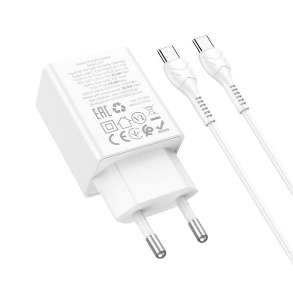 Hoco Hurtigoplader PD 30W USB-A USB-C QC3.0 AFC 3A med USB-C Kabel N71 - Hvid Vit