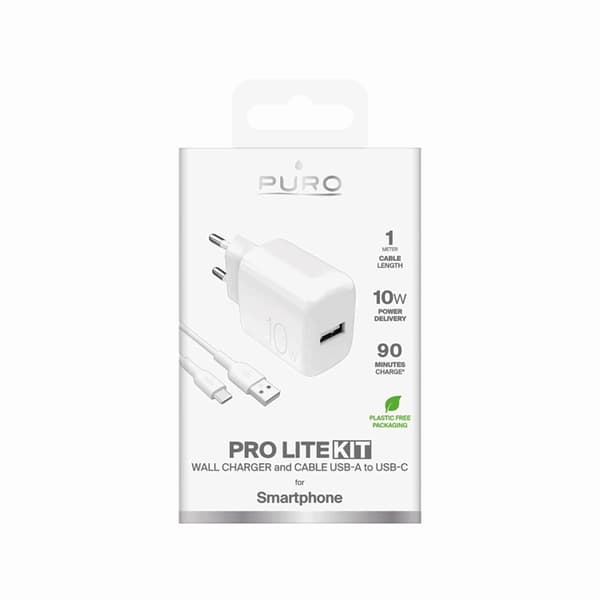 Puro Väggladdare 10W USB-A + USB-A - USB-C Kabel 1.2m Polite Vit