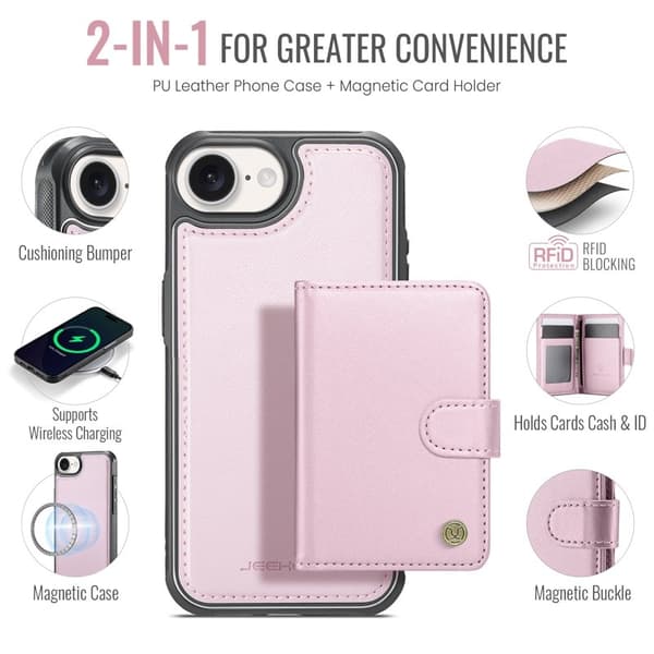 JEEHOOD J09 Mobilskal till iPhone 16e RFID Skydd Läder MagSafe - Rosa