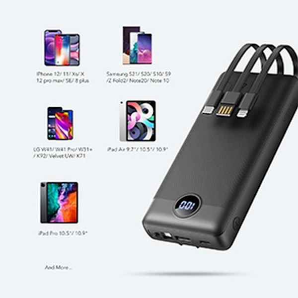 VEGER Powerbank 20000 mAh med Lightning/Typ-C/Micro-USB Kabel C20