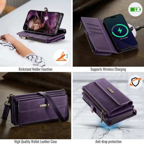 Caseme iPhone 16 Pro Max Konstläder Plånboksfodral RFID-Skydd Zipper - Lila Lila